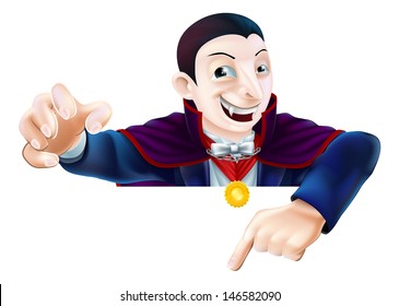 An illustration of a cute cartoon Count Dracula vampire character for Halloween pointing down at a sign or banner