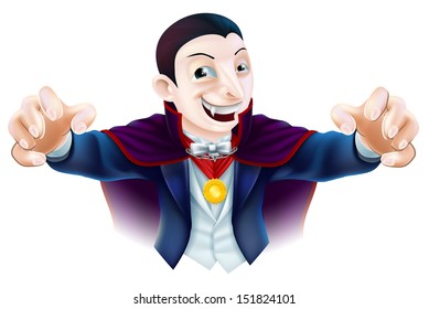 An illustration of a cute cartoon Count Dracula vampire character for Halloween