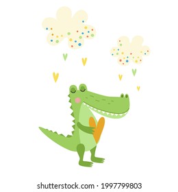 Illustration of a cute cartoon crocodile holding a heart.