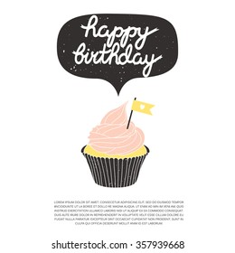 illustration of cute cartoon cupcake with happy birthday text message on transparent background. can be used for greeting cards and party invitations.
