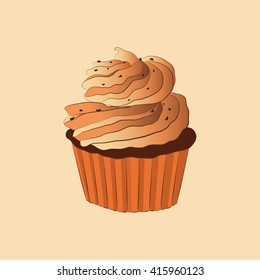 Illustration of cute cartoon cupcake on cream background. Can be used for greeting cards or party invitations