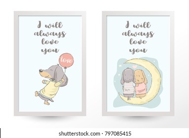 Illustration of cute cartoon Dachshund  couple sitting on the moon, and flying with balloon in picture frames, Vector