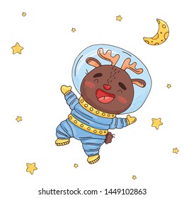 Illustration with cute cartoon deer astronaut in space. Element for print, postcard and poster. Vector illustration