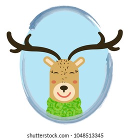 illustration of cute cartoon deer into circle frame