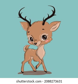 Illustration of a cute cartoon deer isolated on a white background. Cute cartoon animals.