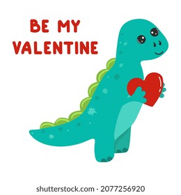 Illustration of cute cartoon dinosaur with heart. Happy Valentines day. Be my valentine. Cute little dinosaur.