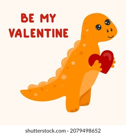 Illustration Of Cute Cartoon Dinosaur With Heart. Happy Valentines Day. Be My Valentine. Cute Little Dinosaur.