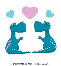 Illustration of cute cartoon dinosaur. Vector print Dino and heart. Valentines card. 