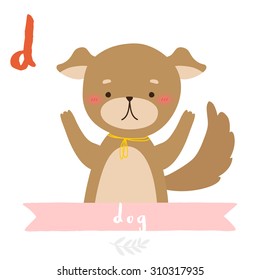 illustration of cute cartoon dog with ribbon on white background. can be used for greeting cards and party invitations