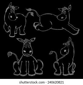 Illustration of cute cartoon donkeys or mules on black background 