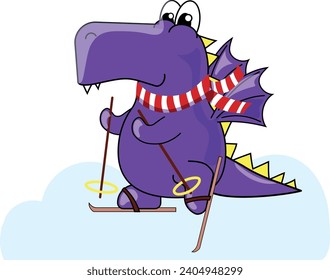 Illustration with a cute cartoon dragon on skis. Element for print, postcard and poster. Vector illustration.