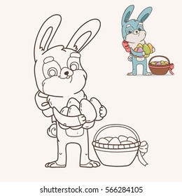 Illustration of a Cute Cartoon Easter Bunny with Eggs - Coloring Page