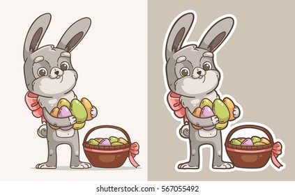 Illustration of a Cute Cartoon Easter Bunny with Eggs. Bunny Sticker