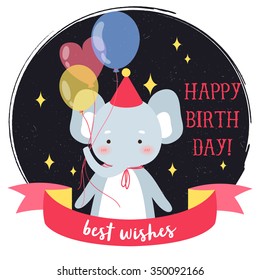 illustration of cute cartoon elephant with balloons on dark circle frame with ribbon and happy birthday text message. birthday greeting card template