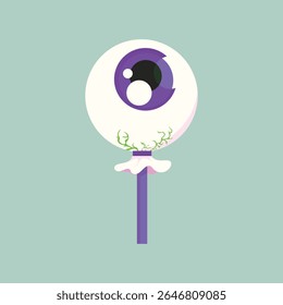 illustration of a cute cartoon eyeball lollipop in a flat Halloween style. Great for spooky party candy, trick or treat packaging, creepy decorations, greeting cards, October holiday, festive designs.