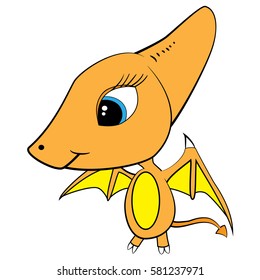 Illustration Of Cute Cartoon Of Female Brown Baby Pterodactyl Dinosaur. No Shadow Color/Tone. Vector EPS8.
