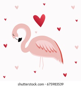 illustration of cute cartoon flamingo on light background. can be used like sticker or for birthday cards and party invitations
