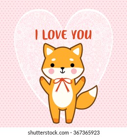 illustration of cute cartoon fox with heart in hands and love you to the moon and back text message on white background. cute valentine's day card template