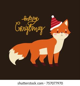 illustration of cute cartoon fox with merry christmas text message. winter holidays card template