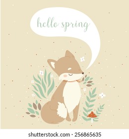 illustration of cute cartoon foxes, leaves, berries, mushrooms with hello spring text message on pastel background. can be used for greeting cards or birthday invitations