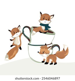 Illustration with cute cartoon foxes playing near coffee cup