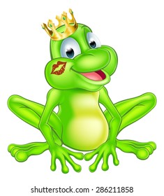 An illustration of a cute cartoon frog prince mascot character wearing a gold crown with a red lipstick mark on his lips form a kiss