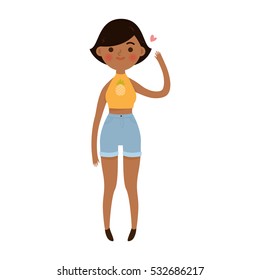 illustration of cute cartoon girl in pineapple shirt and denim shorts on white background.