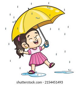 Illustration of cute cartoon girl wearing umbrella in the rain.