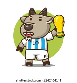 illustration of cute cartoon goat football bring trophy use t shirt, vector design.