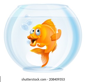 An illustration of a cute cartoon goldfish in a gold fish bowl