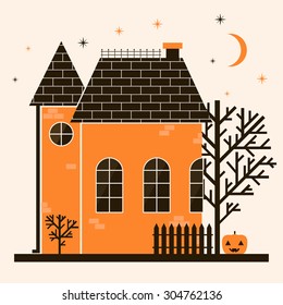 illustration of cute cartoon halloween house with pumpkin and trees on pastel background. vector flat illustration