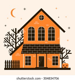 illustration of cute cartoon halloween house with pumpkin and trees on pastel background. vector flat illustration