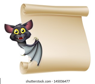 An illustration of a cute cartoon Halloween vampire bat peeping round a scroll sign and showing what is written on it.