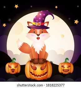 Illustration of a cute cartoon halloween witch fox stand on pumpkin front the moon