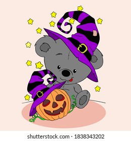 Illustration of a cute cartoon halloween witch panda and pumpkin