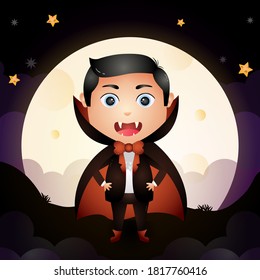 Illustration of a cute cartoon halloween young dracula stand on ground front the moon