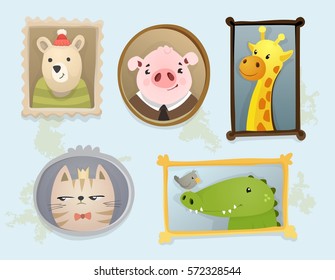 Illustration of cute cartoon handdrawn animal portraits framed