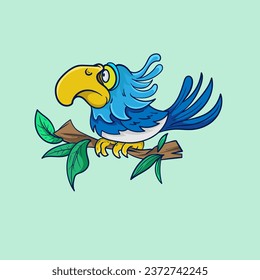 Illustration of cute cartoon happy toucan on tree branch