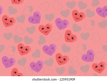 Illustration of cute cartoon hearts with faces pink pattern background.