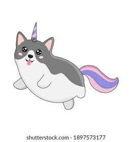 Illustration  of cute cartoon husky dog with unicorn horn. It can be used for card, sticker,  phone case, poster, t-shirt,  etc.
