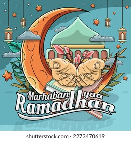 Illustration of cute cartoon Islamic greeting Marhaban ya Ramadhan. It means Welcome Ramadhan