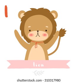 illustration of cute cartoon lion with ribbon on white background. can be used for greeting cards and party invitations
