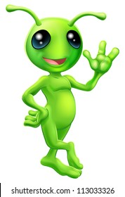 Illustration of a cute cartoon little green man alien mascot with antennae smiling and waving