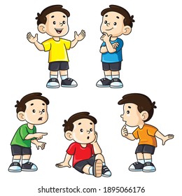 Illustration of cute cartoon little kid boy in various expressions and gesture set.