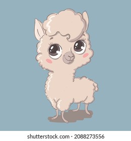 Illustration of a cute cartoon llama isolated on a white background. Cute cartoon animals.