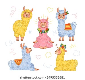 Illustration Of Cute Cartoon Llamas With Colorful Decorative Elements. Vector Llamas Adorned With Flowers