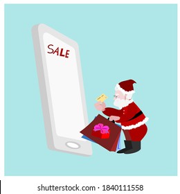 Illustration cute cartoon Merry Christmas. Santa Claus shopping with credit card  . Online Marketing and delivery concept. Vector flat design on isolated background.