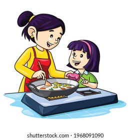 Illustration of cute cartoon mom and children cooking in kitchen.