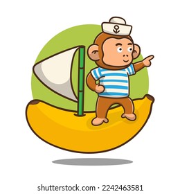illustration of cute cartoon monkey on banana boat, vector design.