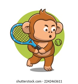 illustration of cute cartoon monkey play tennis, vector design.